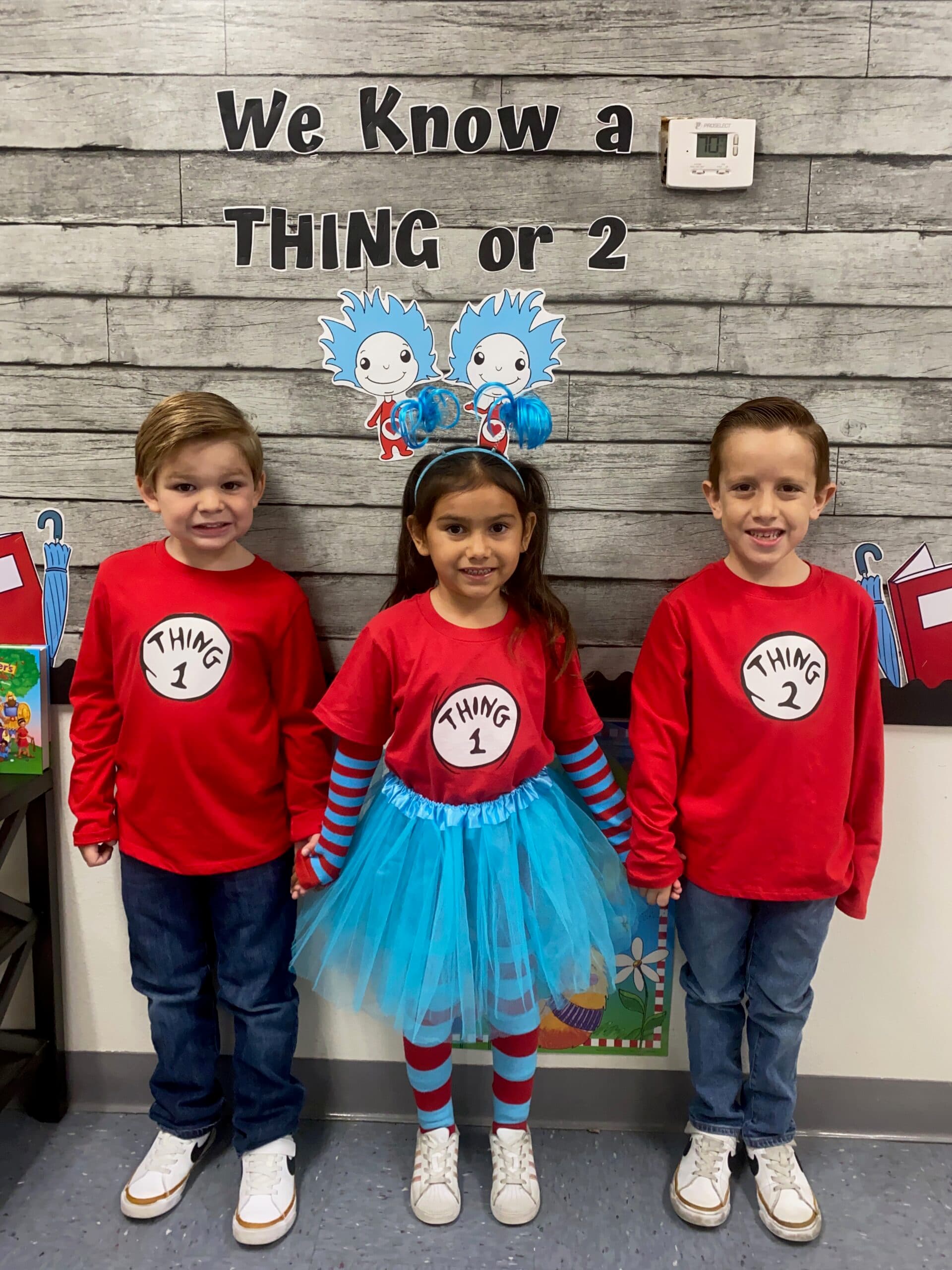 Students in costume hats celebrating a Dr. Seuss reading day