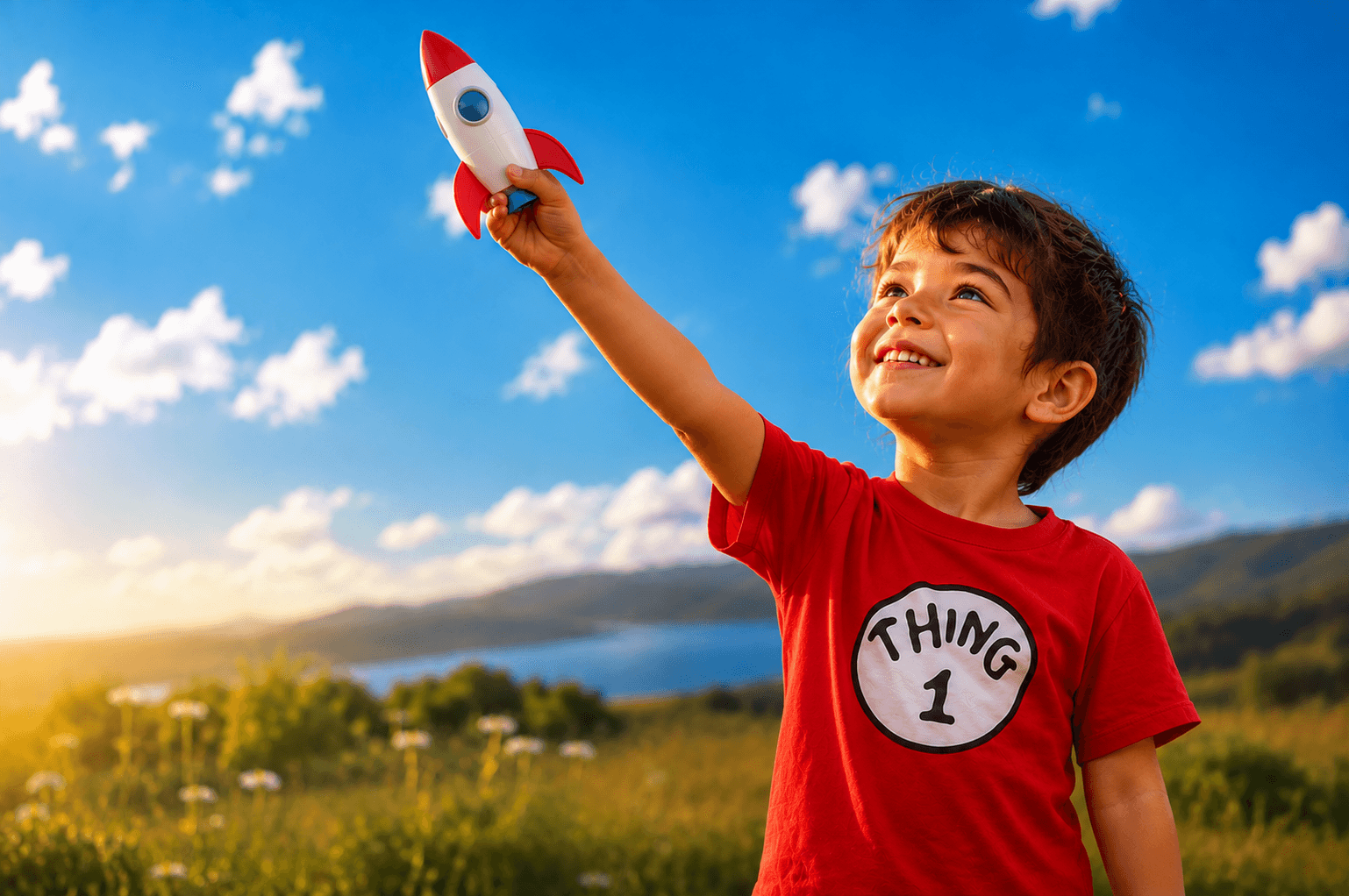 A joyful child reaching for the sky with a toy rocket, embodying the spirit of exploration at Little Explorers Academy